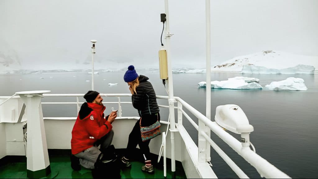 A couple getting engaged in antarctica: engagement in antarctica; proposal antarctica; antarctica cruise